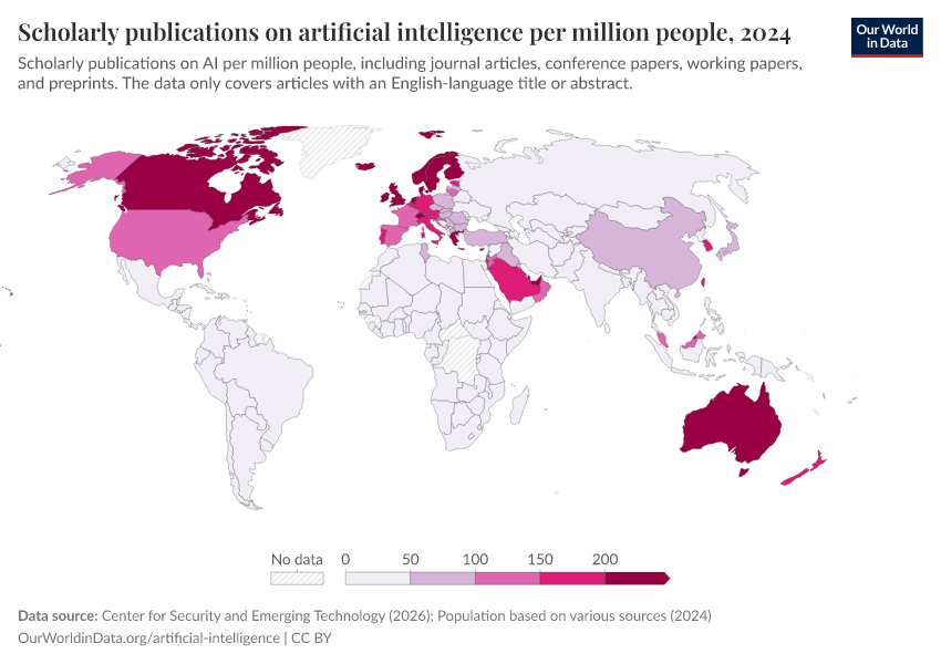 A thumbnail of the "Scholarly publications on artificial intelligence per million people" chart